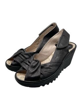 Fly London‎ Yakin Wedge Sandals EU 36 Black Leather Peep Toe